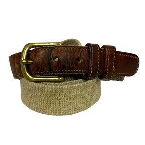 Coach Mens Natural Linen & Leather Tabbed Belt Brass Buckle Size 38 Beige Brown